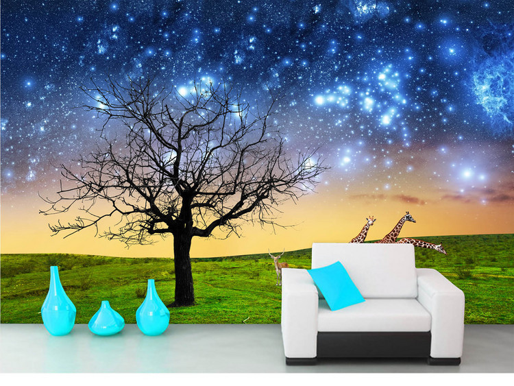 夜空下的一棵树自然风光意境沙发电视背景墙