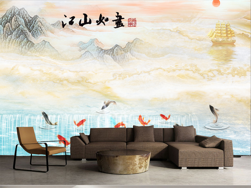 连年有余年年有鱼江山如画大理石纹理壁画