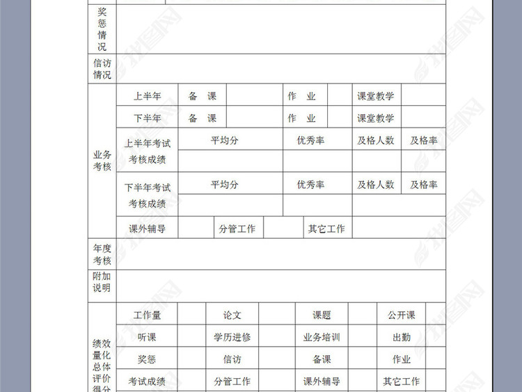 实验小学教师教育教学工作绩效评价记录表