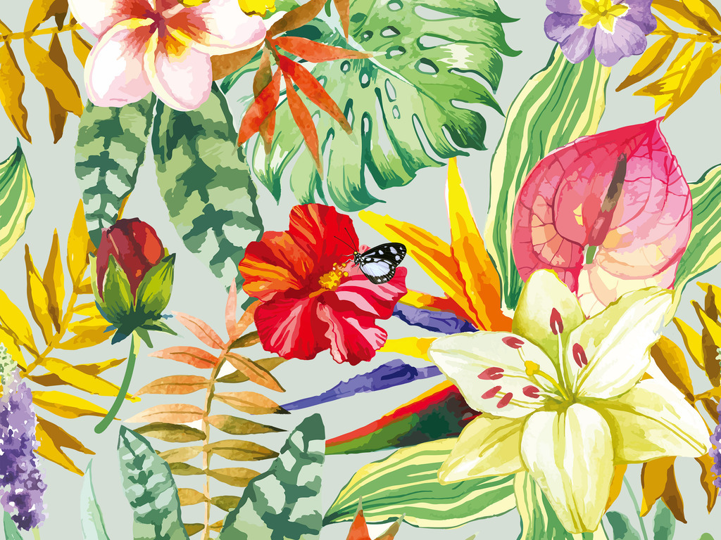 psd清新水彩花卉热带风情叶子花卉|psd)清新水