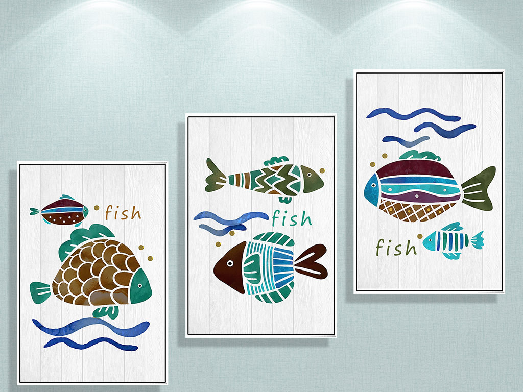 现代简约手绘波西米亚卡通鱼装饰画三联画