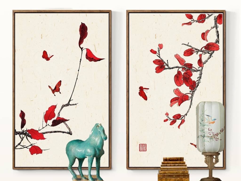 新中式装饰画秋意浓红色花鸟国画psd分层
