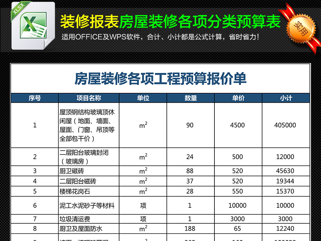 我图网提供精品流行住宅房屋家装装修工程项目预算分类明细表素材下载,作品模板源文件可以编辑替换,设计作品简介: 住宅房屋家装装修工程项目预算分类明细表,,使用软件为 Excel 2013(.xlsx) 项目预算 家装表 装修表 报价单