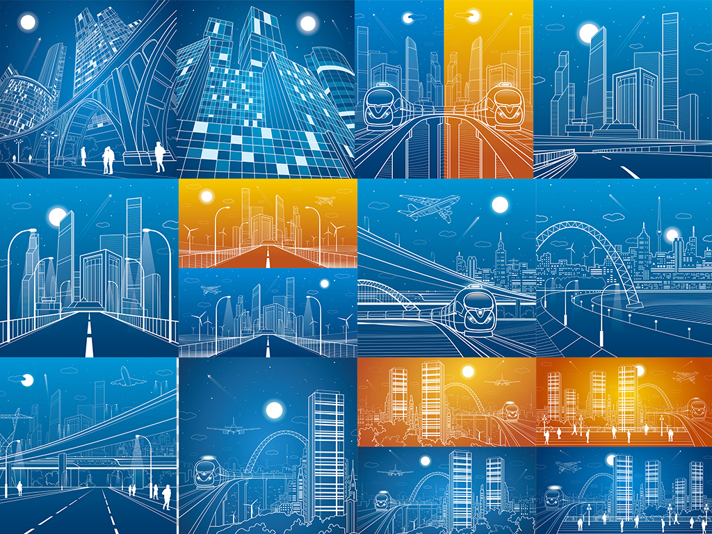 矢量成套蓝色城市建筑建设交通轨道线条素材