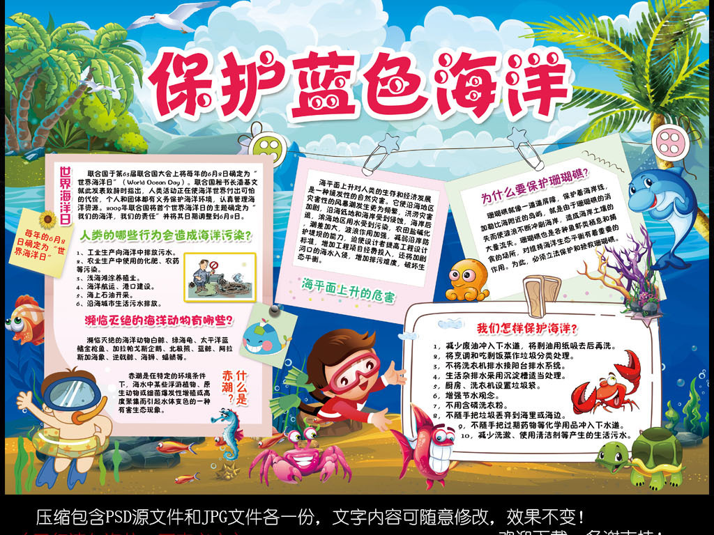 我图网提供精品流行保护海洋小报环保科普海洋日手抄报小报素材下载,作品模板源文件可以编辑替换,设计作品简介: 保护海洋小报环保科普海洋日手抄报小报素材 位图, CMYK格式高清大图,使用软件为 Photoshop CS6(.psd) 世界海洋日 海底世界