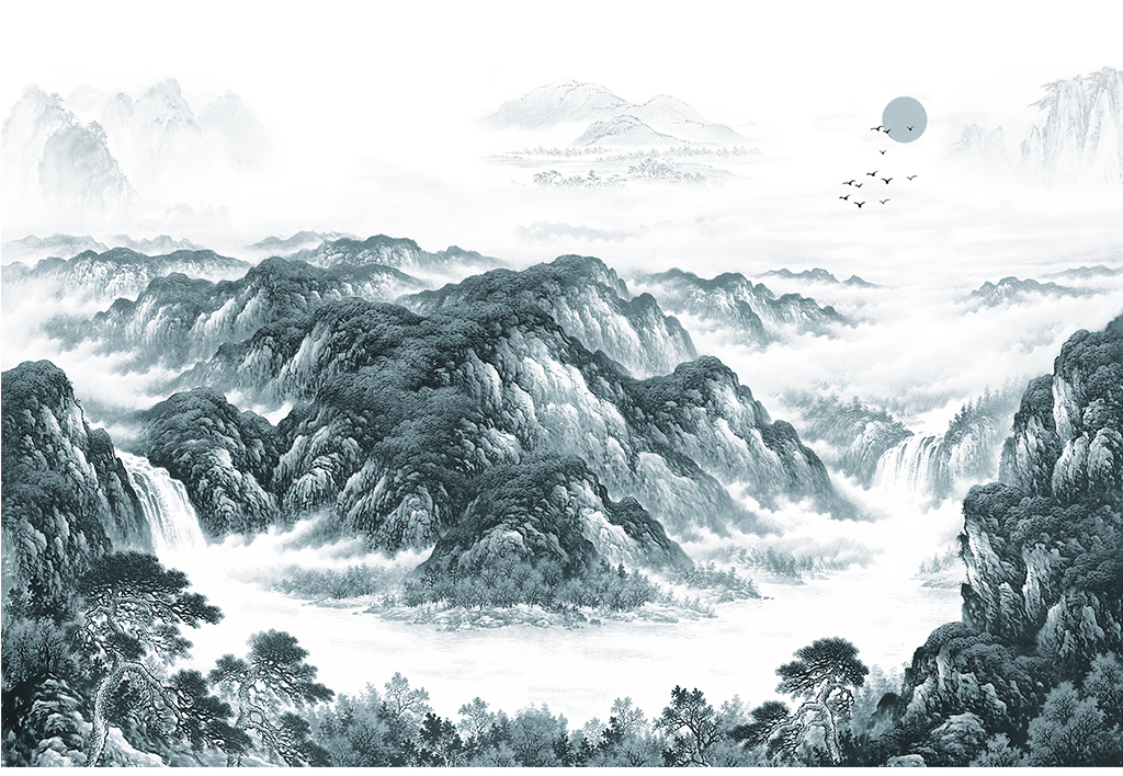 新中式山外有山风水图聚宝盆背景墙