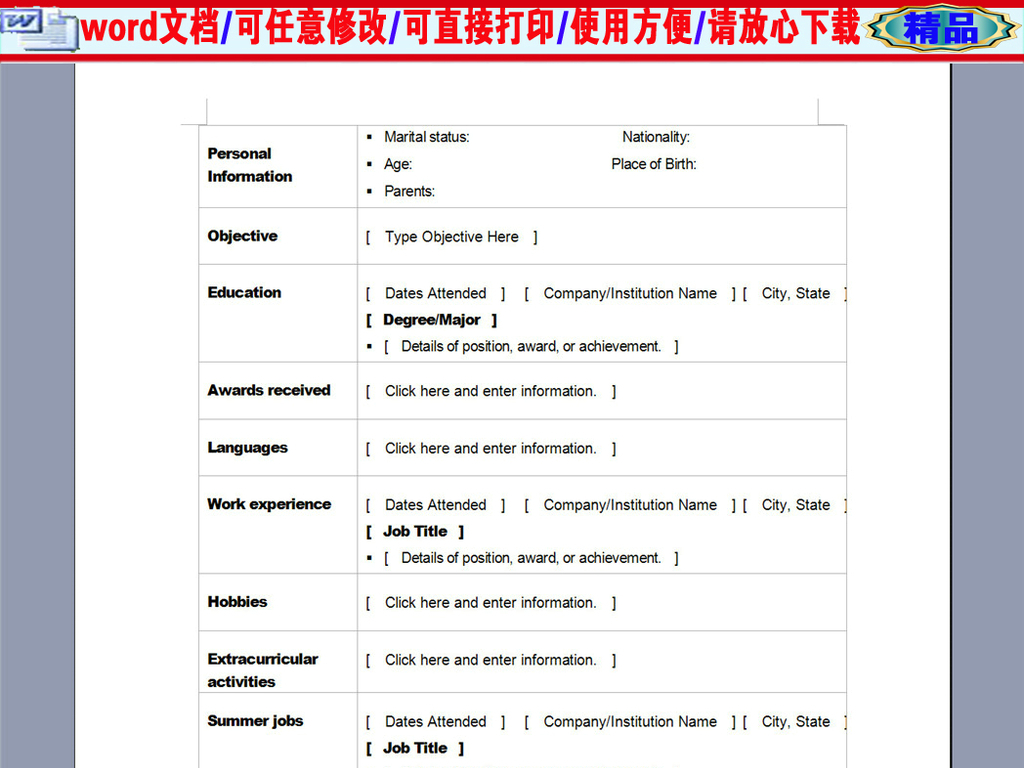 专业英文个人简历表格图片