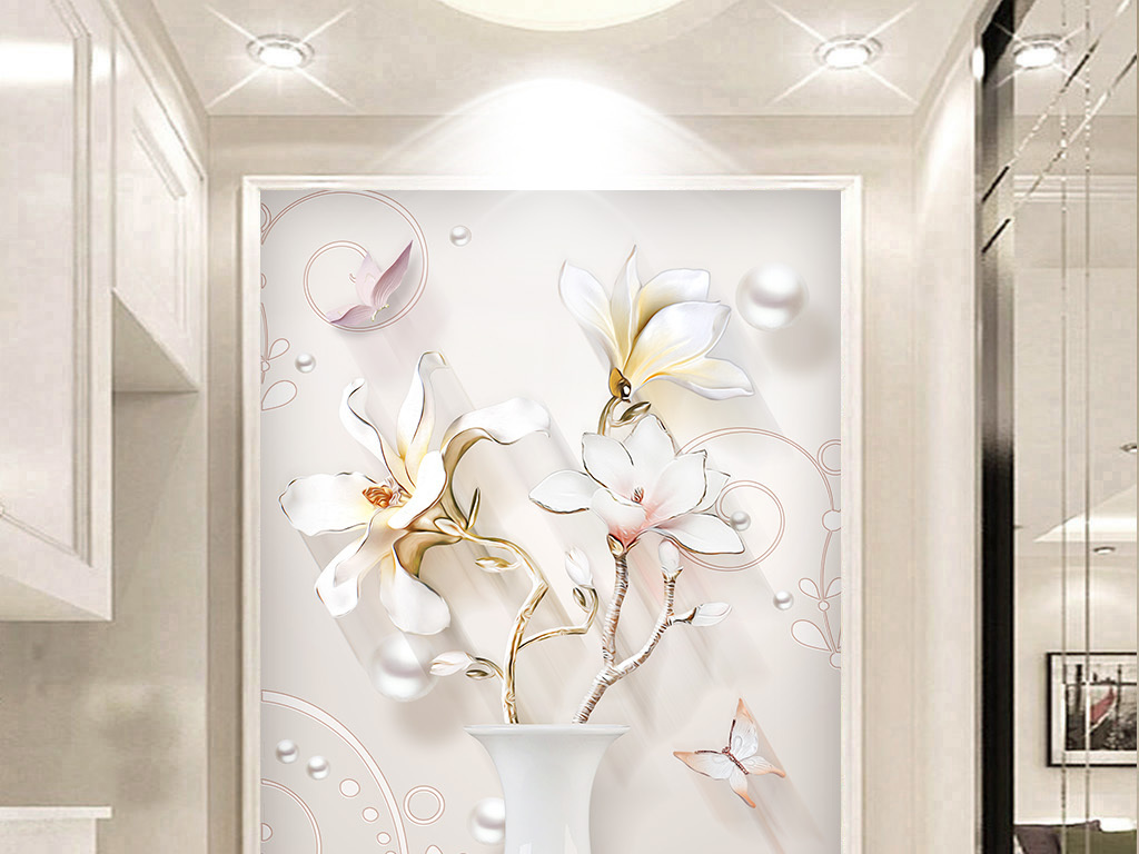 富贵花瓶浮雕立体新中式玉兰花简约玄关背景墙