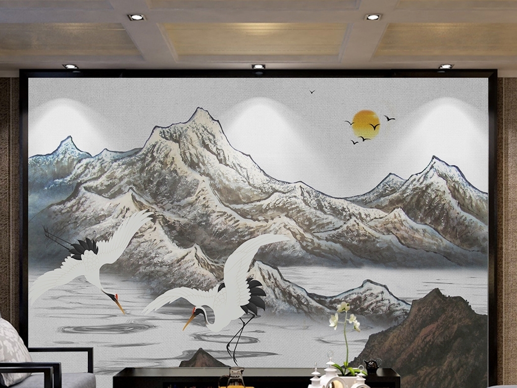 新中式山水仙鹤手绘背景墙