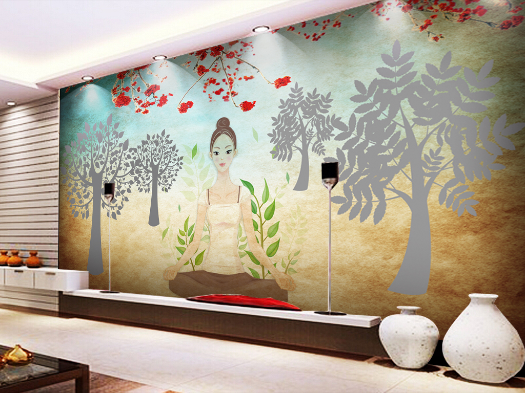 手绘清新大树健身房瑜伽馆工装背景墙