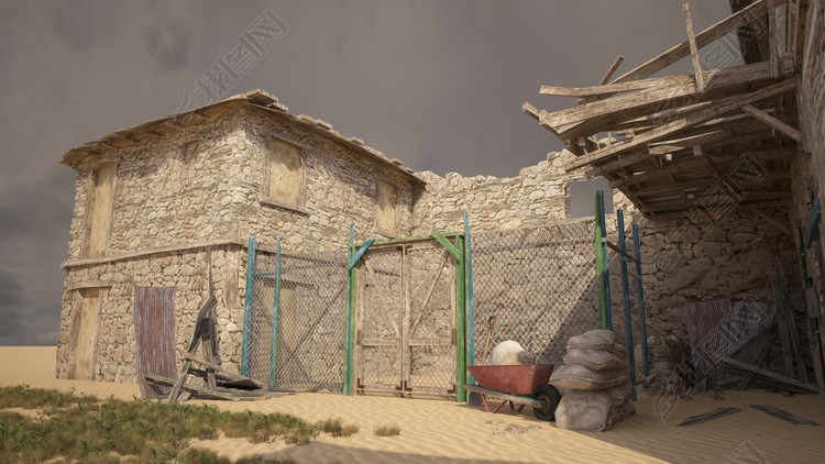 石头砌成的贫民农村房子3D模型的渲染材质灯