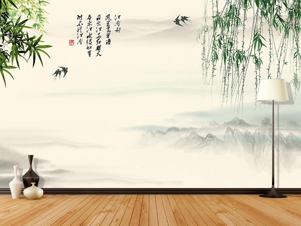 古风水墨竹子柳叶燕子中式背景墙壁画