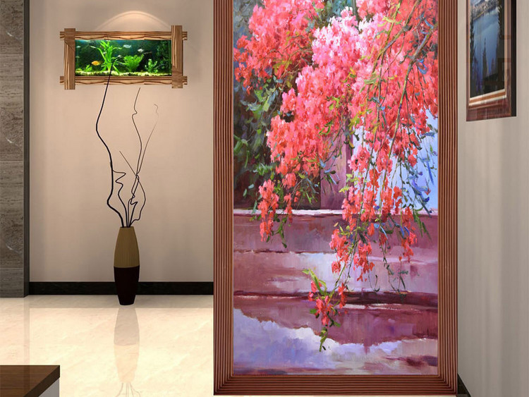 高清手绘粉色樱花盛开油画玄关