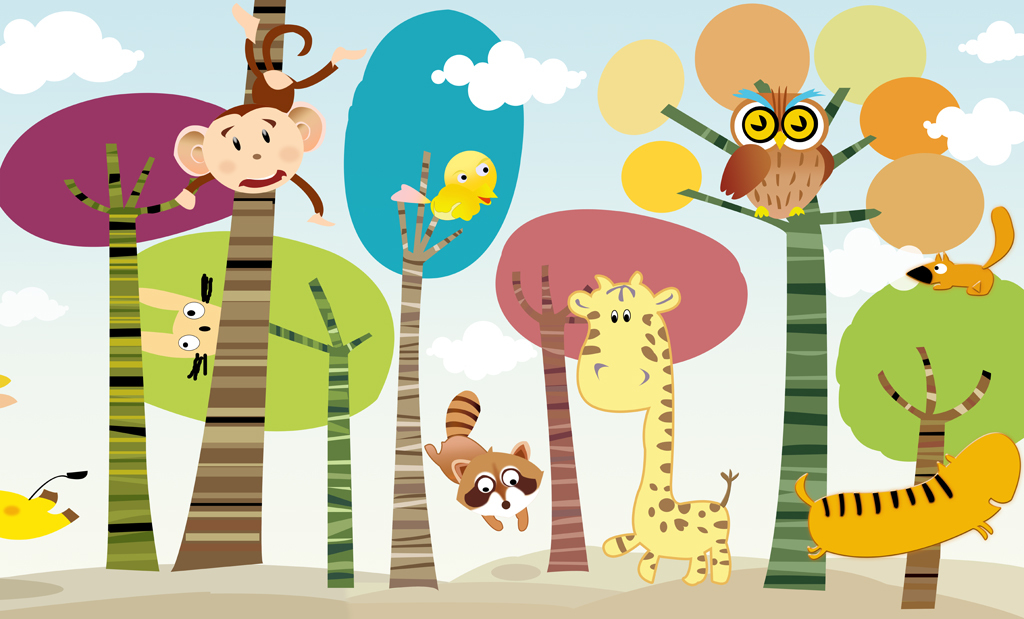 ></p></a> 手绘卡通动画长颈鹿幼儿园背景墙蓝天白云小动物  版权图片 素材