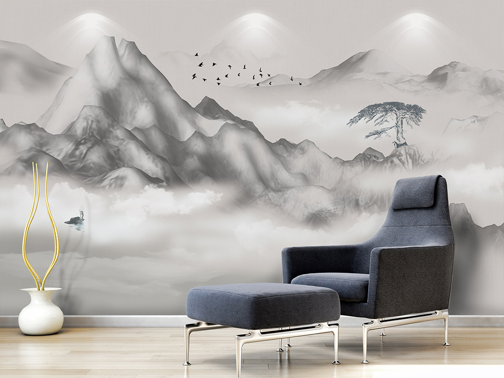 新中式禅意水墨山水画手绘国画电视背景墙