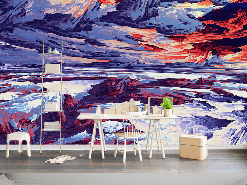 欧式现代简约抽象天空河流云朵油画背景墙