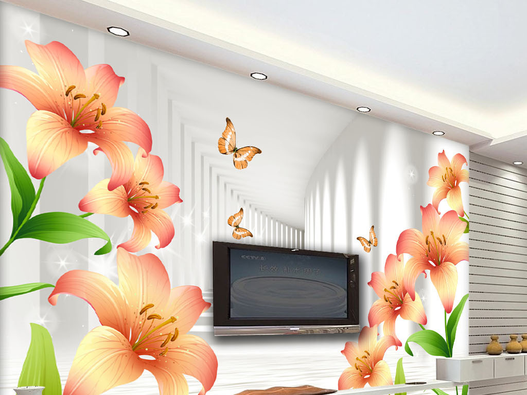 现代简约3d立体空间百合花电视背景墙墙纸