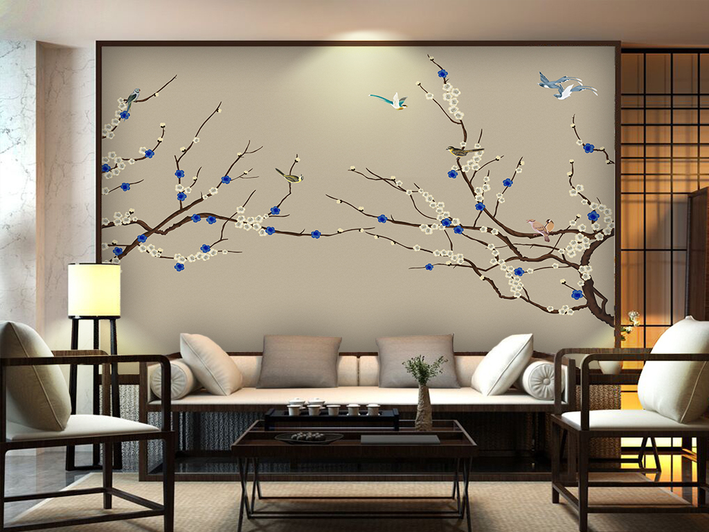 新中式手绘工笔梅花花鸟电视卧室背景墙