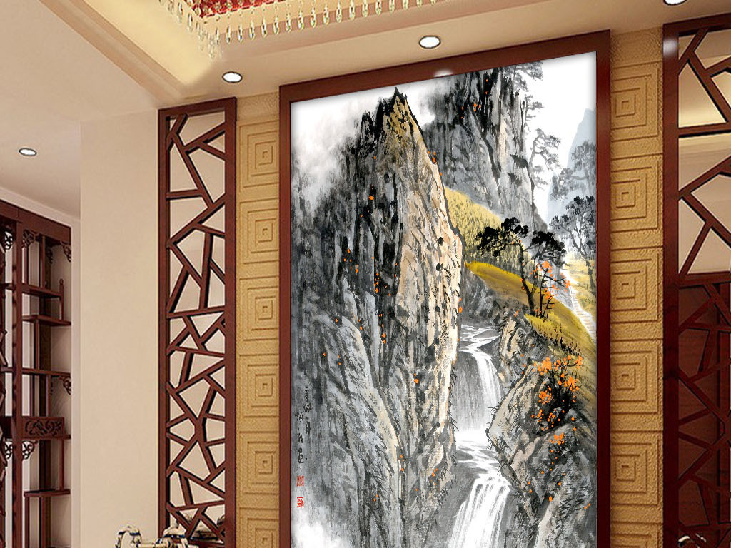 新中式古典山水画装饰画玄关背景墙壁画