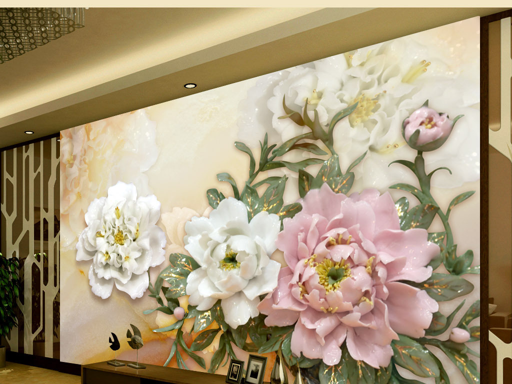 3d立体唯美牡丹花朵浮雕电视背景墙