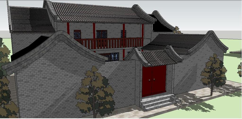 中式古典风格仿古建筑乡村别院su模型素材设计图下载
