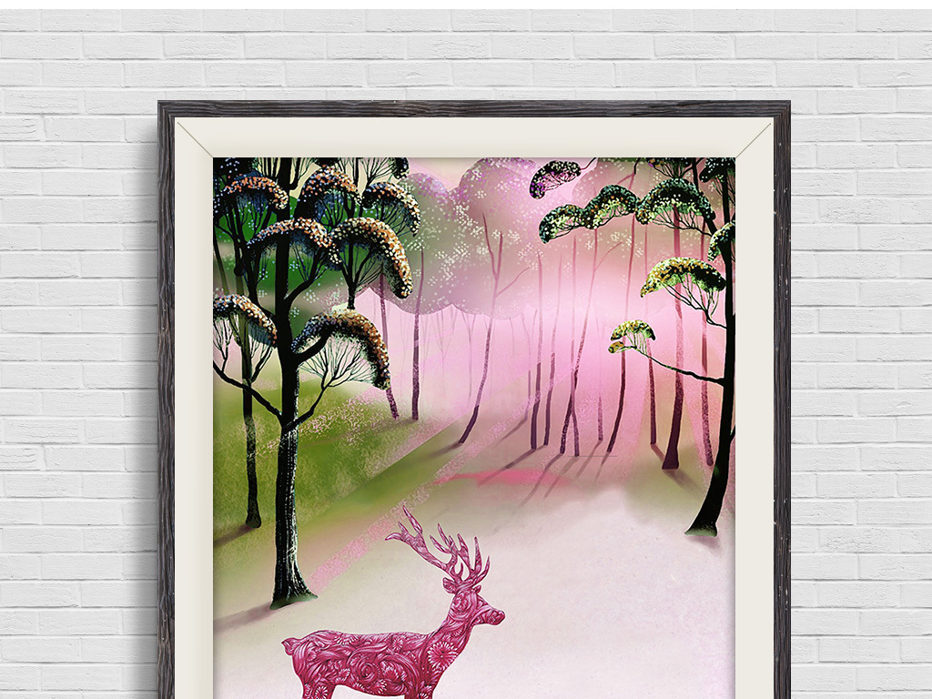 北欧麋鹿抽象水粉手绘风景三联无框画装饰画