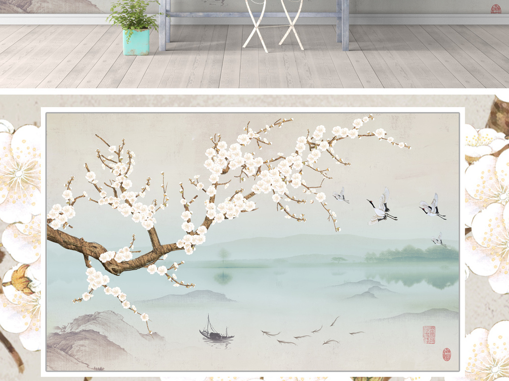 新中式手绘山水花鸟梅花飞鸟风景背景墙