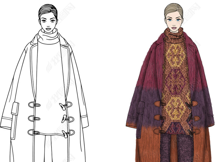 渐变色羊毛针织大衣外套效果图