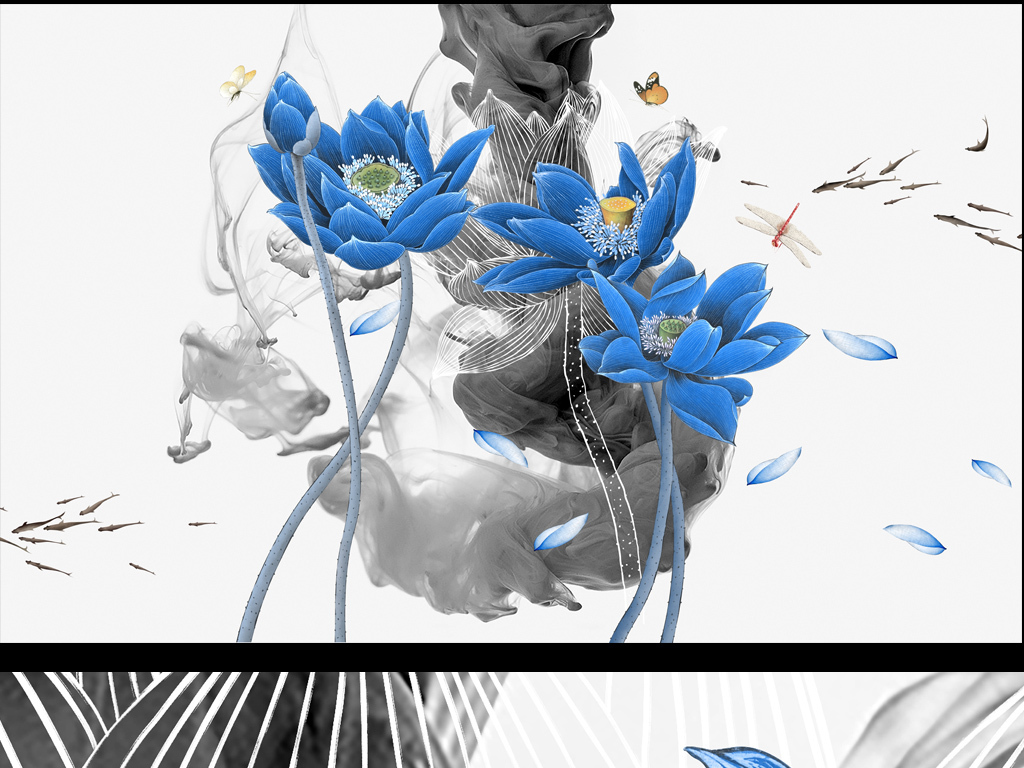中式电视背景墙 > 新中式水墨荷花沙发电视背景墙壁画装饰画  素材