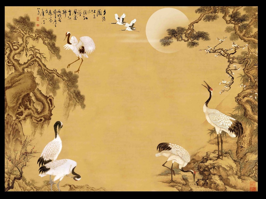 高清中式松鹤长春背景墙