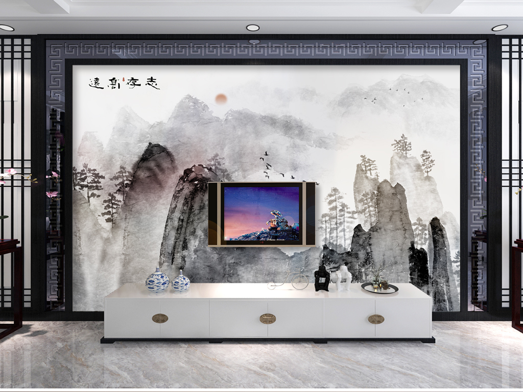 新中式意境水墨山水电视背景墙壁画
