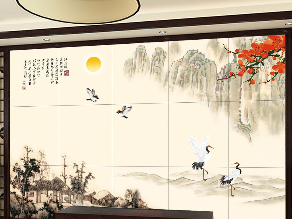 新中式花鸟山水电视背景墙壁画素材