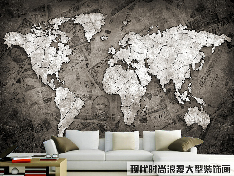 个性复古怀旧纸币艺术世界地图壁画背景墙