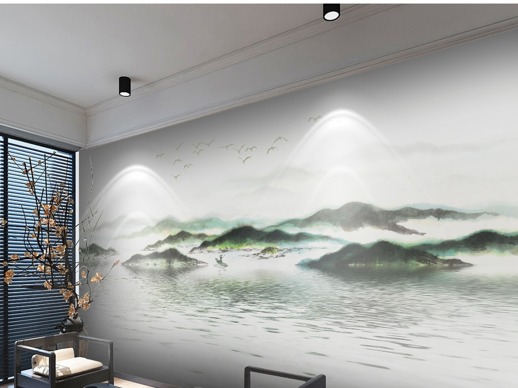 新中式手绘水墨山水禅意大气背景墙