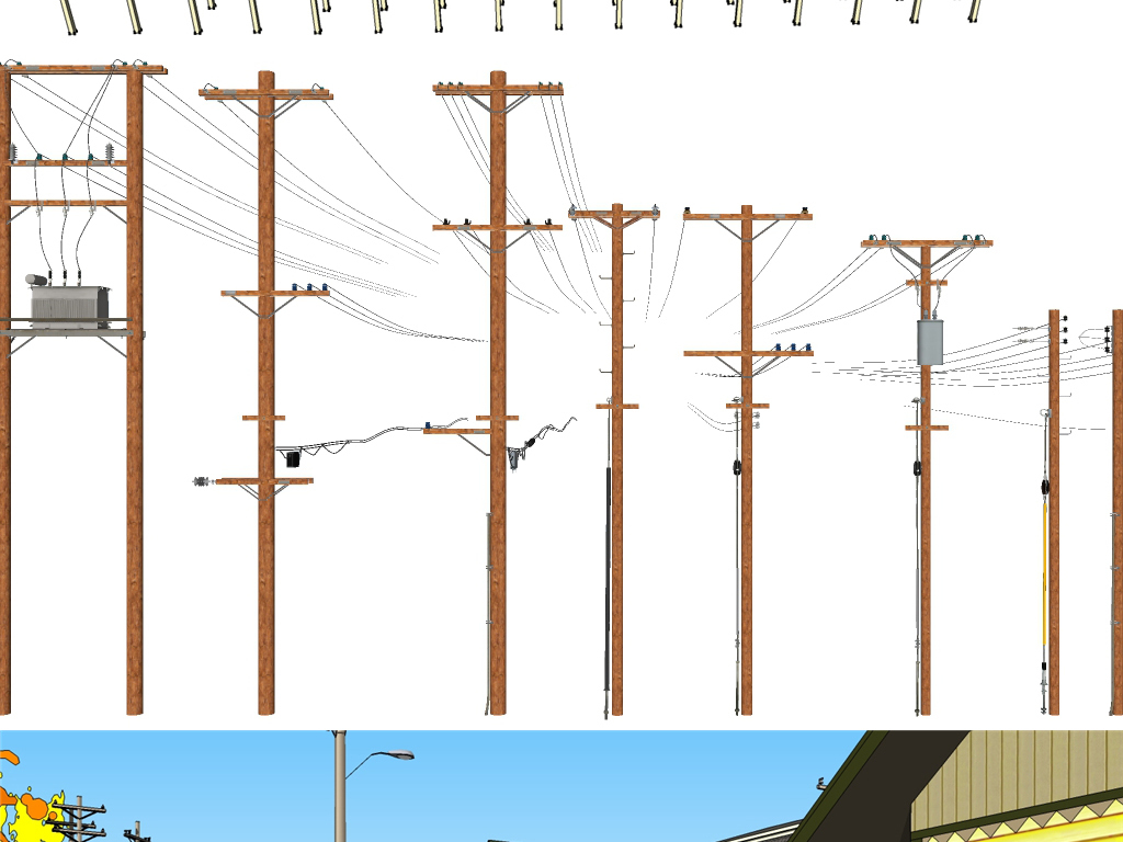 农村乡村高压电线杆电网电塔SU模型