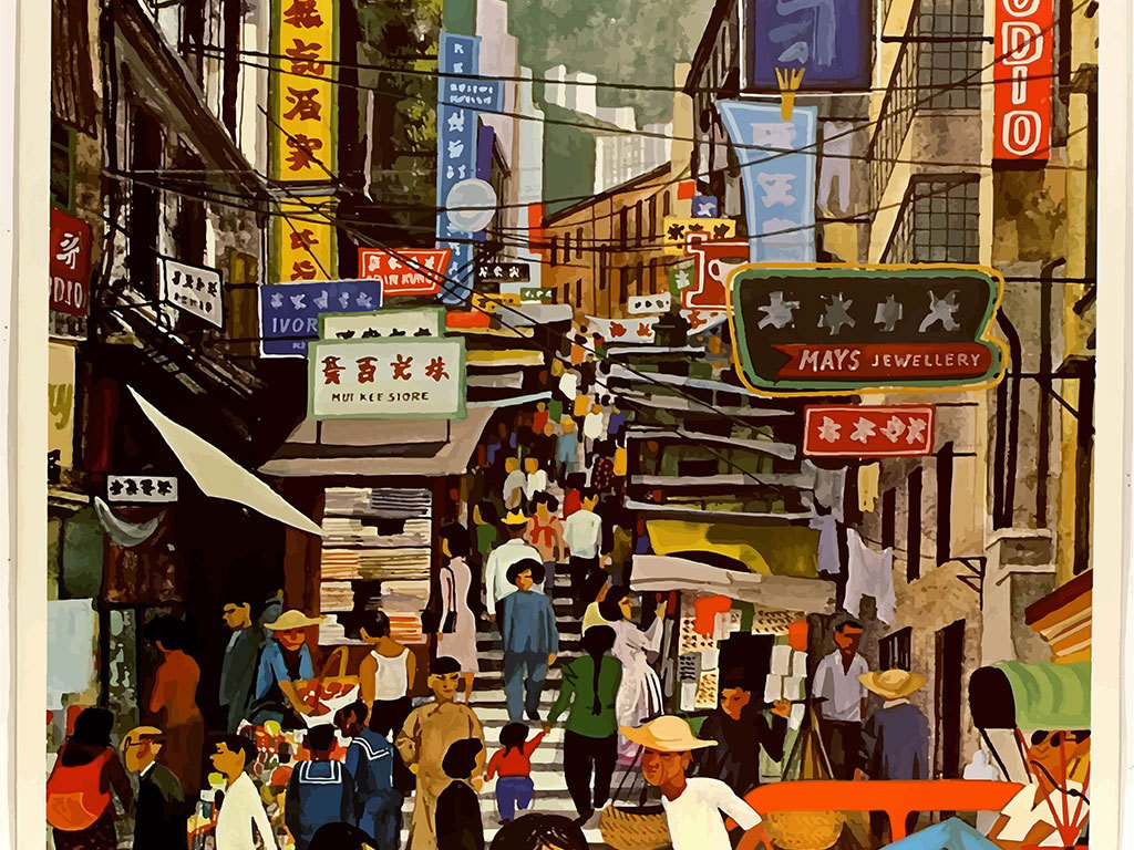 复古怀旧油画香港建筑街景牌坊背景墙