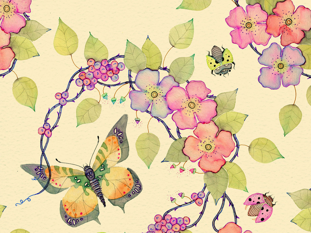画芯素材源文件图片手绘小清新水墨水彩画植物花卉小鸟动物枝叶藤蔓图片