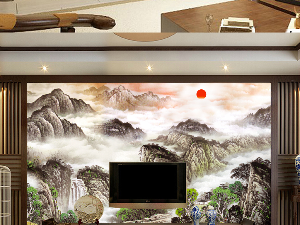 2017-08-04 22:59:32 我图网提供精品流行国画山水中式电视背景墙
