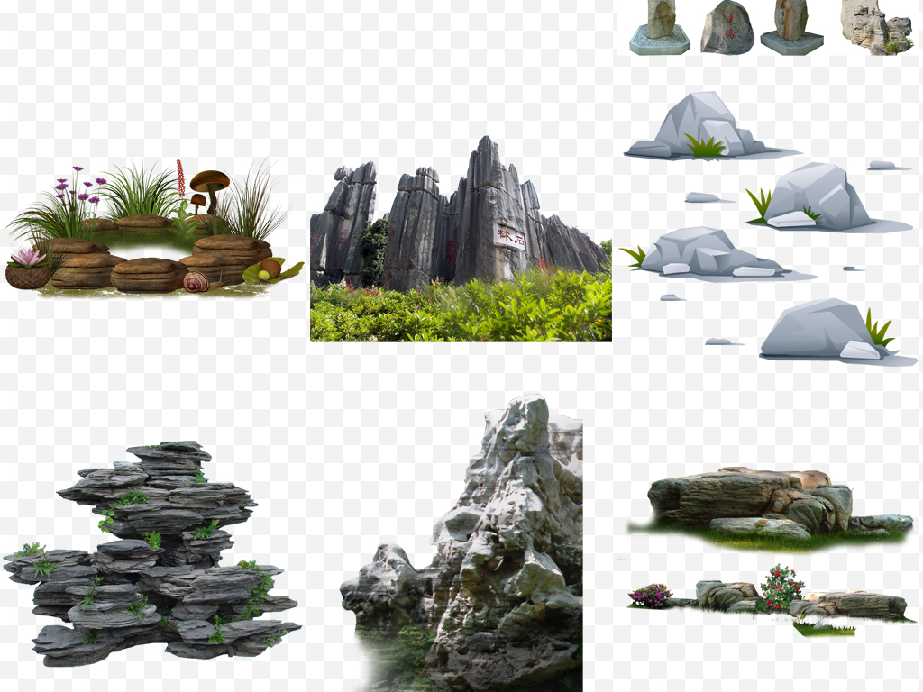 园林景观假山置石叠水石头石岩png素材