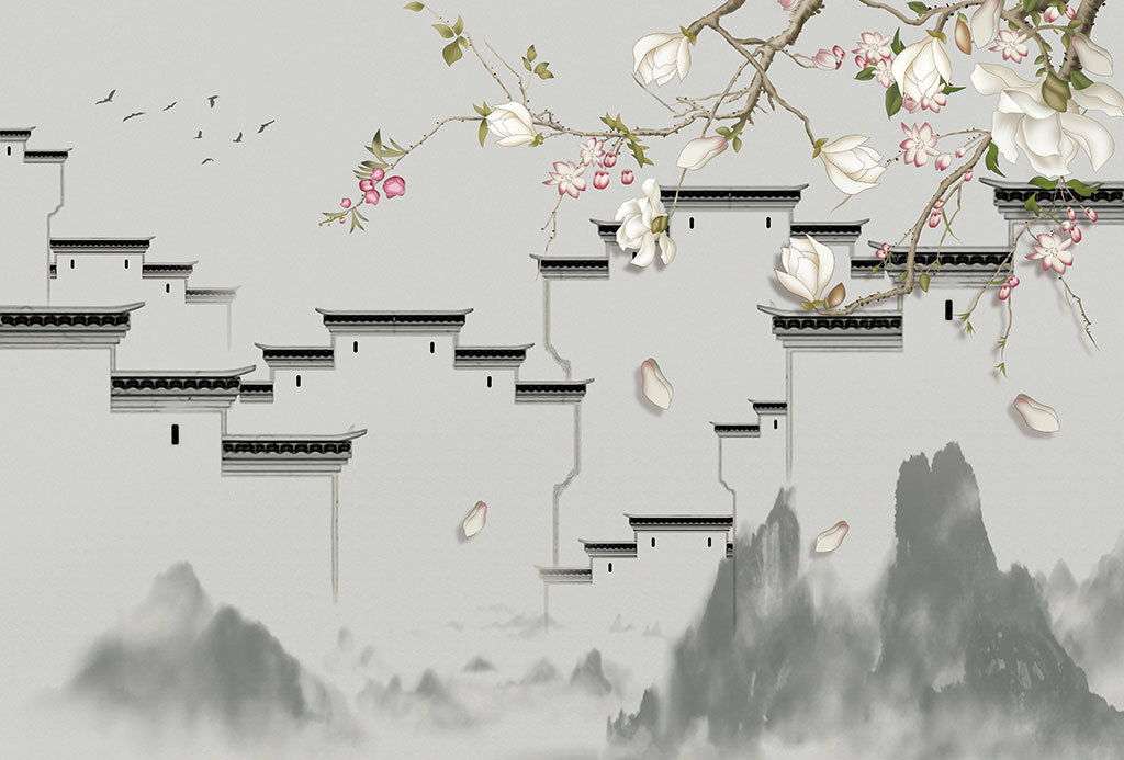 新中式徽派建筑古代房古典背景装玉兰花鸟