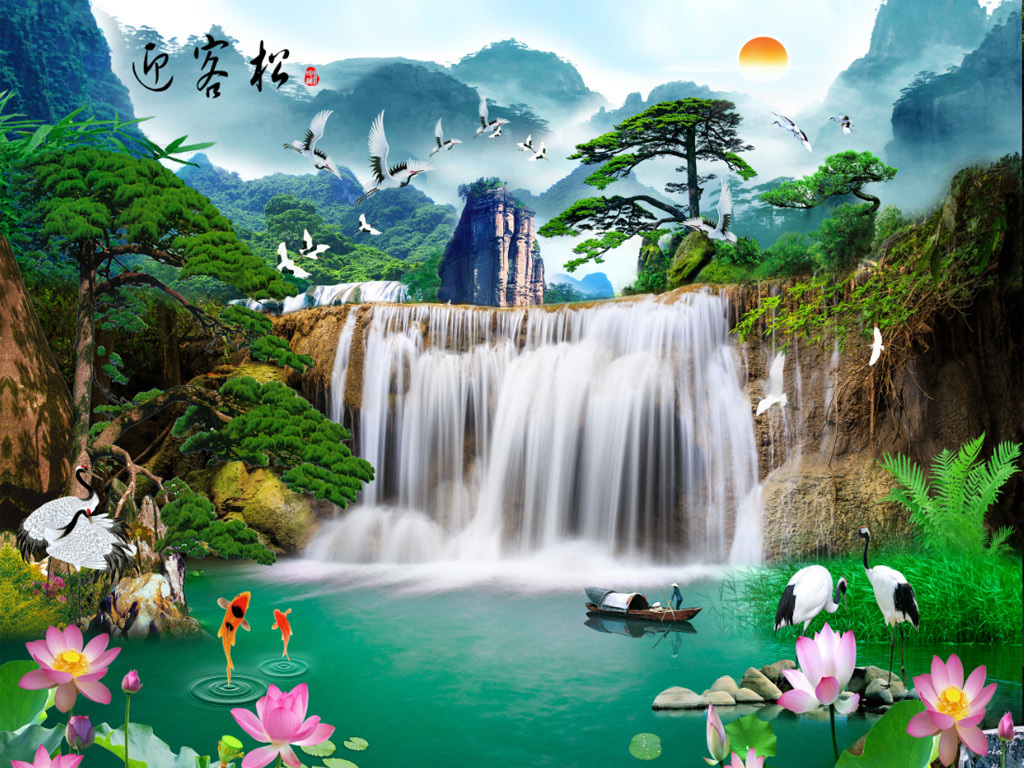 迎客松梅花山水瀑布山水风景画