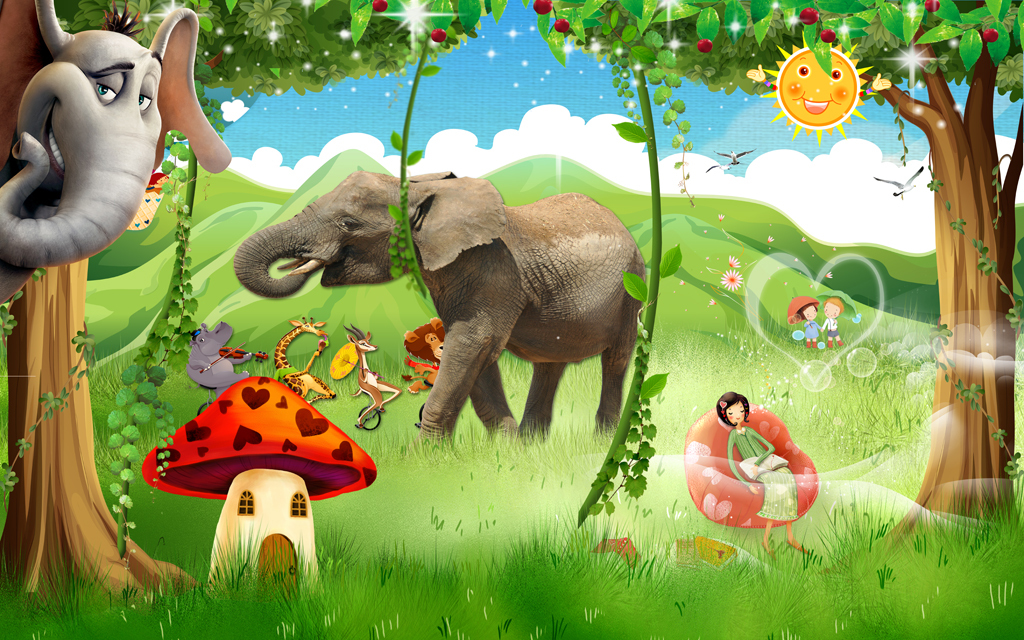 动物总动员唯美森林大象卡通儿童房小孩房
