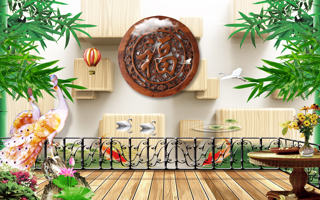 3d福字中式竹子玉雕孔雀电视背景墙