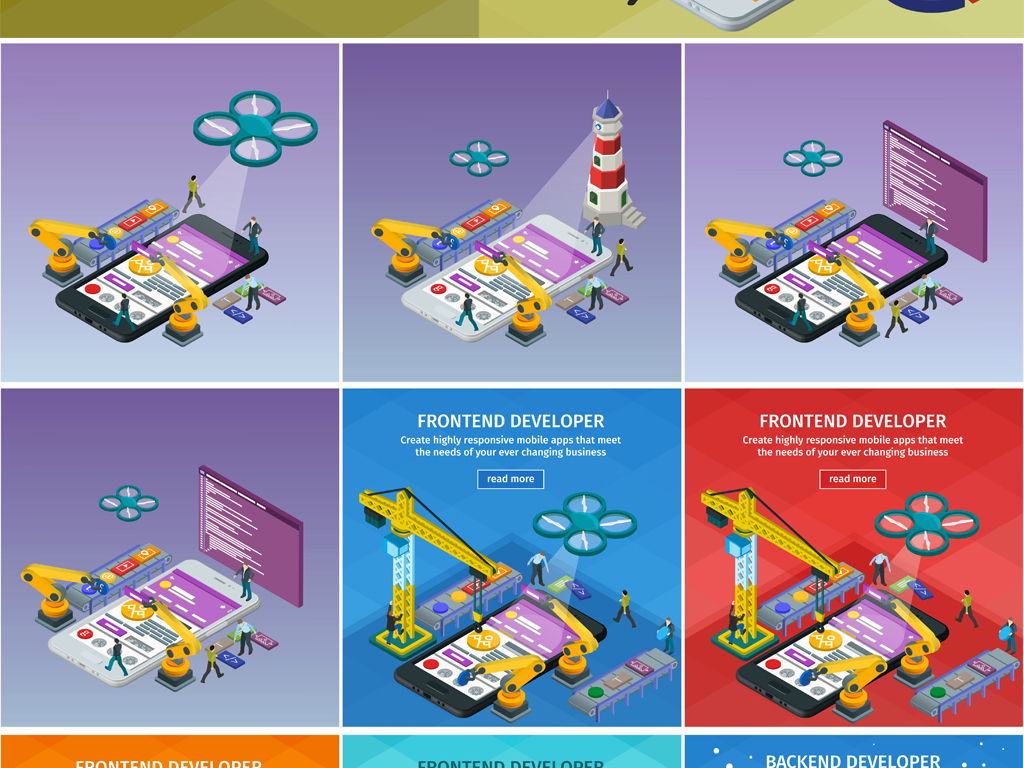 扁平概念化开发移动app应用平台三维插图矢量