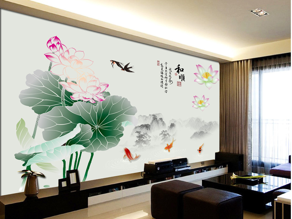 新中式手绘荷花和顺电视背景墙玉堂富贵雅