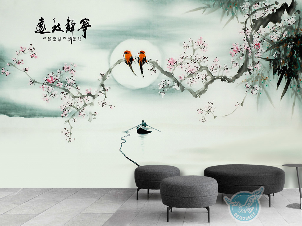 新中式宁静致远水墨意境风景背景墙壁画