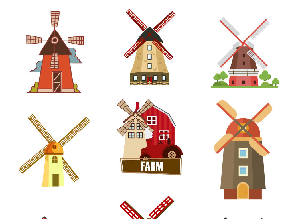 卡通手绘素描风车水车装饰免扣png素材