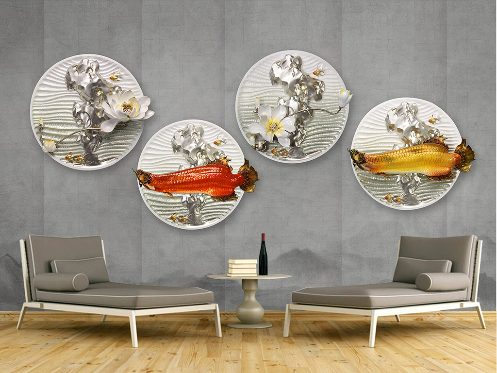 新中式圆形3d立体浮雕荷花鱼清新电视背景墙