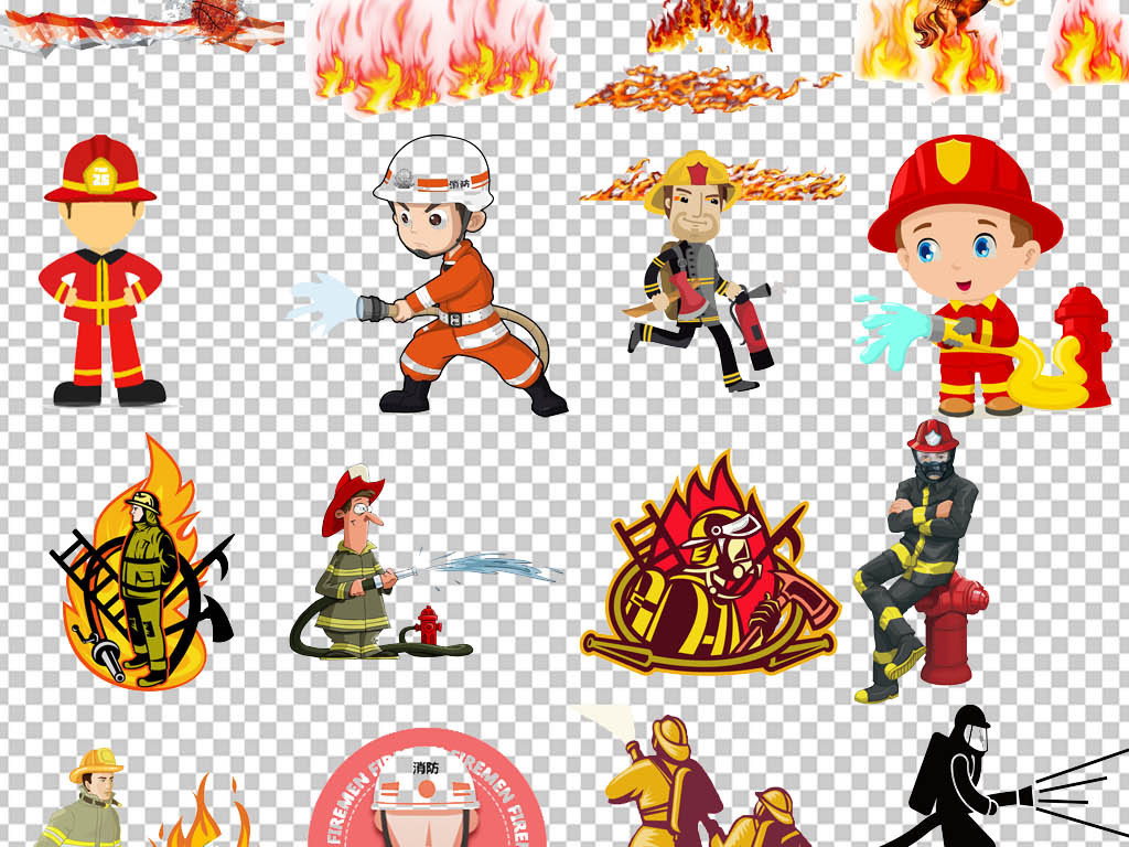 卡通消防员消防安全灭火警钟救火PNG素材