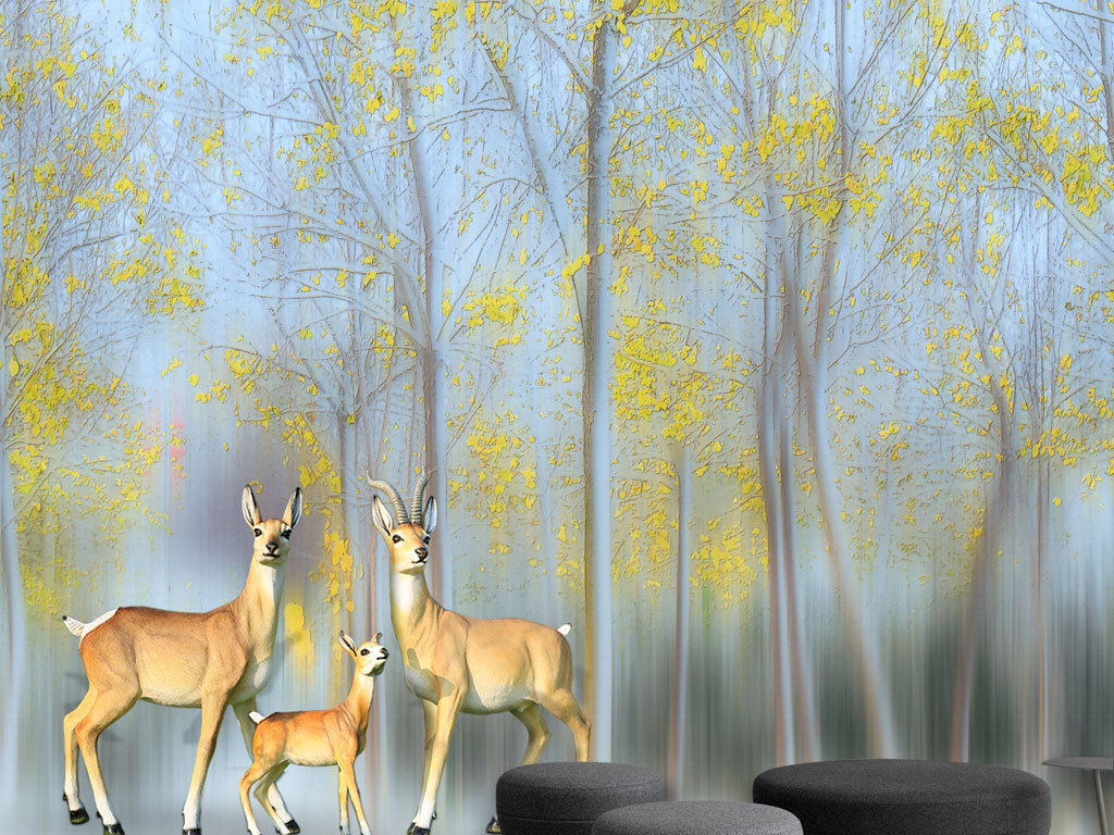 欧式唯美森林大树麋鹿油画背景墙壁画